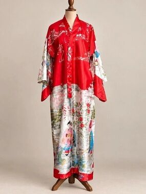 Kyoto Red Japanese Kimono Style Satin Robe Long Floral Geisha Print Dressing Gow